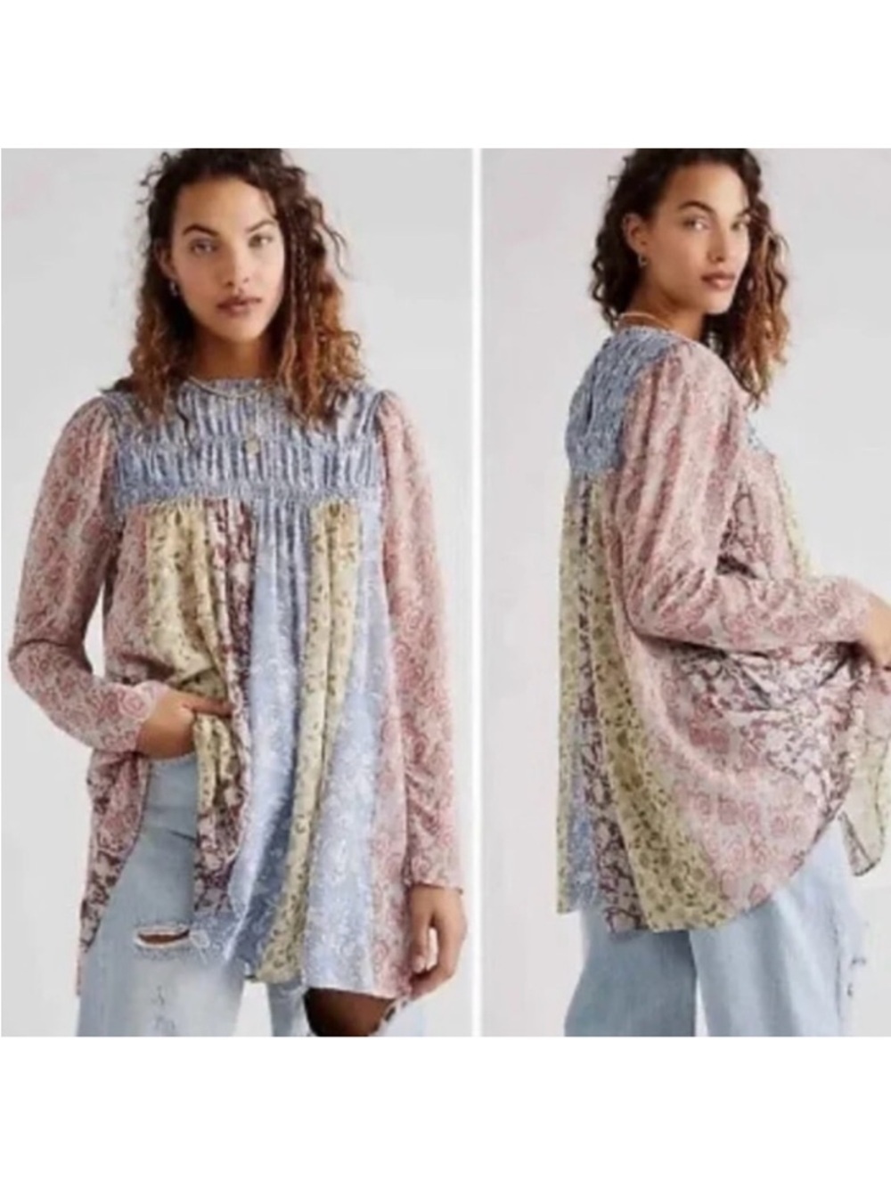 EUC Free People Merrie Mixed Floral Print Smocked Tunic Top Generous XS